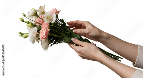 Ramo de flores sostenido por manos femeninas sobre fondo transparente