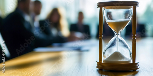 Obraz na płótnie Close-up of an hourglass during a business meeting setting Generative AI w salonie