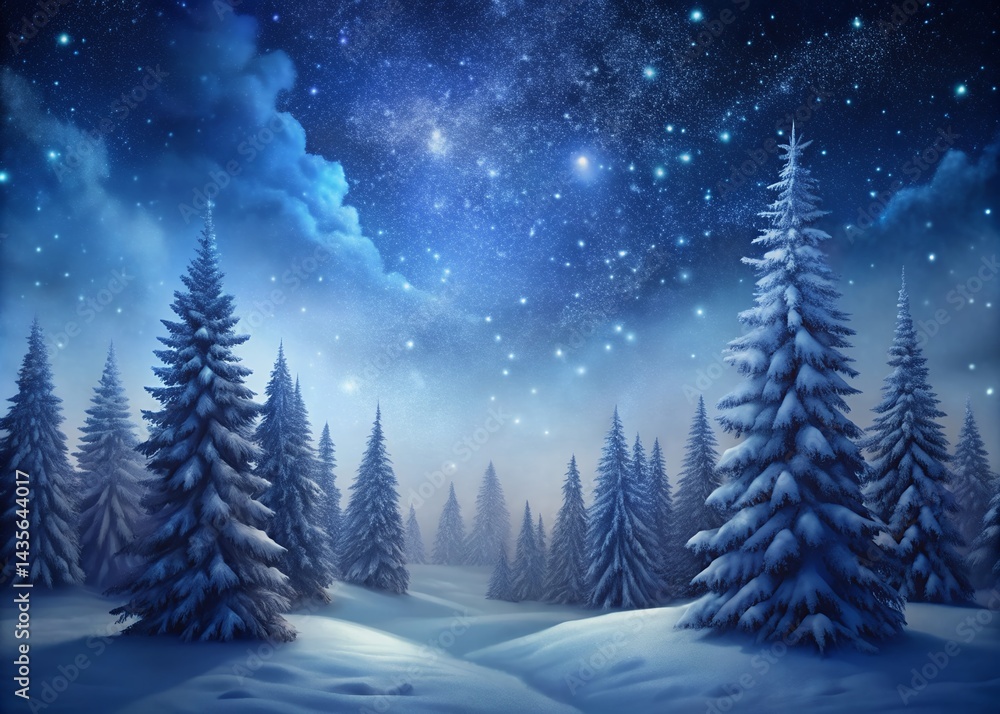 Magical Snowy Christmas Night Frosty Pine Trees and Starry Sky Background Magical Snowy Christmas Night Frosty Pine Trees and Starry Sky Background