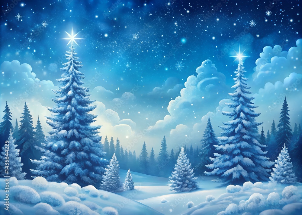 Naklejka premium Magical Snowy Christmas Night Frosty Pine Trees and Starry Sky