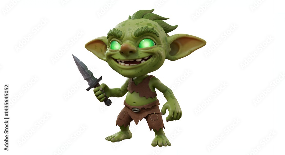 Fototapeta premium Cartoon Goblin Holding Dagger with Glowing Eyes on White Background