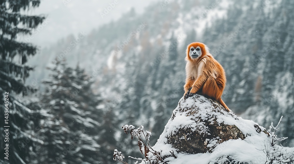 Fototapeta Snow-covered mountaintop, golden monkey sits on rock, nature scene, wildlife photo