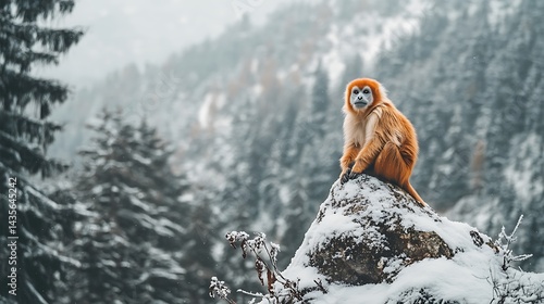 Snow-covered mountaintop, golden monkey sits on rock, nature scene, wildlife photo