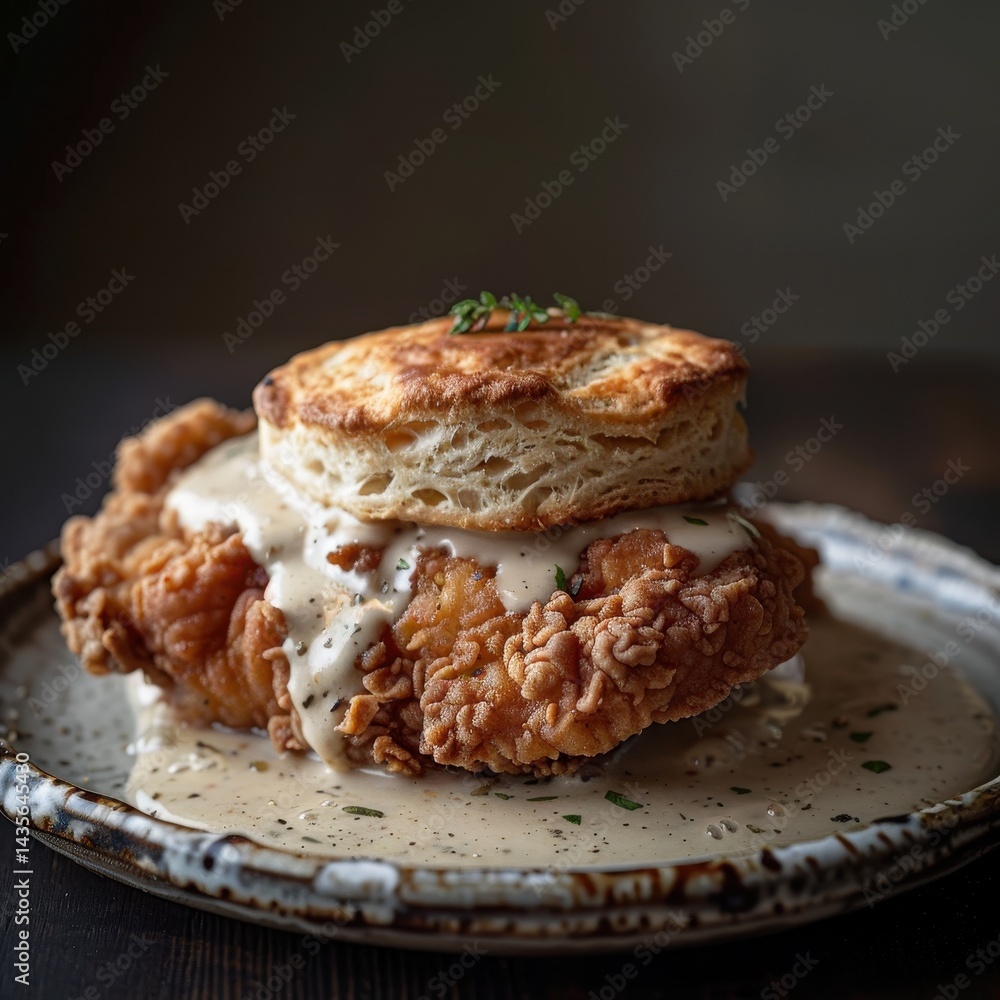 Crispy fried chicken sandwich with biscuits and creamy gravy. Crispy fried chicken sandwich with biscuits and creamy gravy.