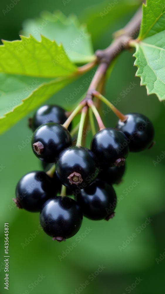 Cluster of ripe black berries hanging from a branch with vibrant green leaves in a lush garden setting Cluster of ripe black berries hanging from a branch with vibrant green leaves in a lush garden setting