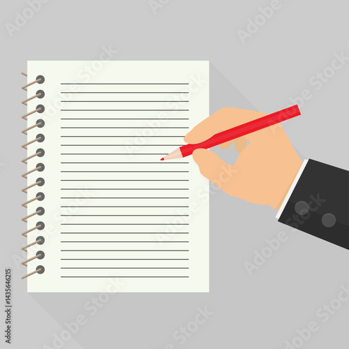 Person in a business suit writing notes with a red pencil. Flat style vector illustration suitable for various themes, including business, education, planning, productivity, and creative writing