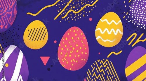 Colorful Easter eggs with geometric patterns on a dark purple background.