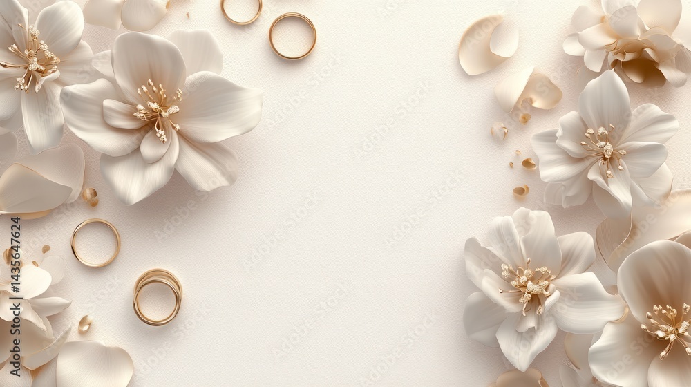 Elegant wedding invitation design with white flowers and gold rings on a beige background. Elegant wedding invitation design with white flowers and gold rings on a beige background.