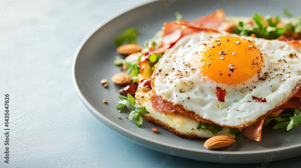A delightful fried egg with crispy ham on a vibrant bed of greens, garnished with nuts and spices, presenting an appetizing and colorful breakfast layout. A delightful fried egg with crispy ham on a vibrant bed of greens, garnished with nuts and spices, presenting an appetizing and colorful breakfast layout.