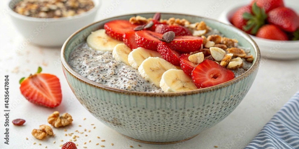 A speckled ceramic bowl is filled with chia seed pudding, topped with fresh slices of strawberries and bananas, and a sprinkle of chopped nuts. The chia seeds are visible within the creamy pudding A speckled ceramic bowl is filled with chia seed pudding, topped with fresh slices of strawberries and bananas, and a sprinkle of chopped nuts. The chia seeds are visible within the creamy pudding