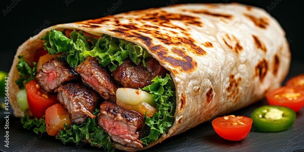 Grilled Beef Wrap with Fresh Vegetables, Healthy Meal with Lettuce, Tomato, and Onions Grilled Beef Wrap with Fresh Vegetables, Healthy Meal with Lettuce, Tomato, and Onions