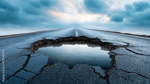 This image captures a cracked asphalt road with a tranquil pool of water, reflecting the sky, symbolizing the relationship between human constructs and nature's persistent beauty.