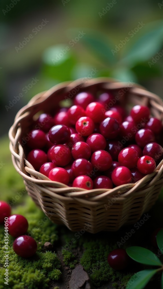 A basket filled with vibrant red cranberries sits amidst green foliage, capturing the essence of fresh, natural produce A basket filled with vibrant red cranberries sits amidst green foliage, capturing the essence of fresh, natural produce