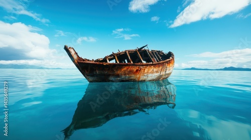A photograph of an old, rusted boat beautifully reflected in tranquil ocean waters, embodying themes of abandonment and the interplay between nature and human activity. photo