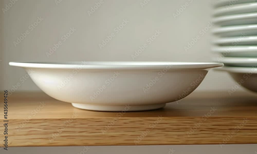 A minimalist white bowl elegantly placed on a wooden shelf. A minimalist white bowl elegantly placed on a wooden shelf.