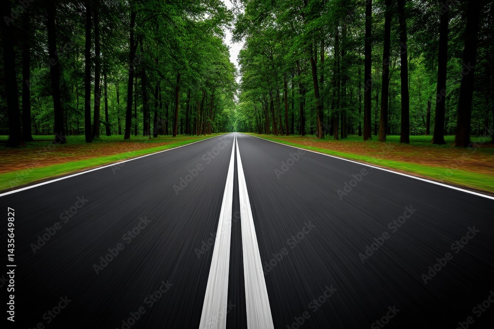 Obraz premium Central white dashed road line cutting through forest perspective in symmetrical pattern evoking direction control minimalism and visual motion within natural travel environment design