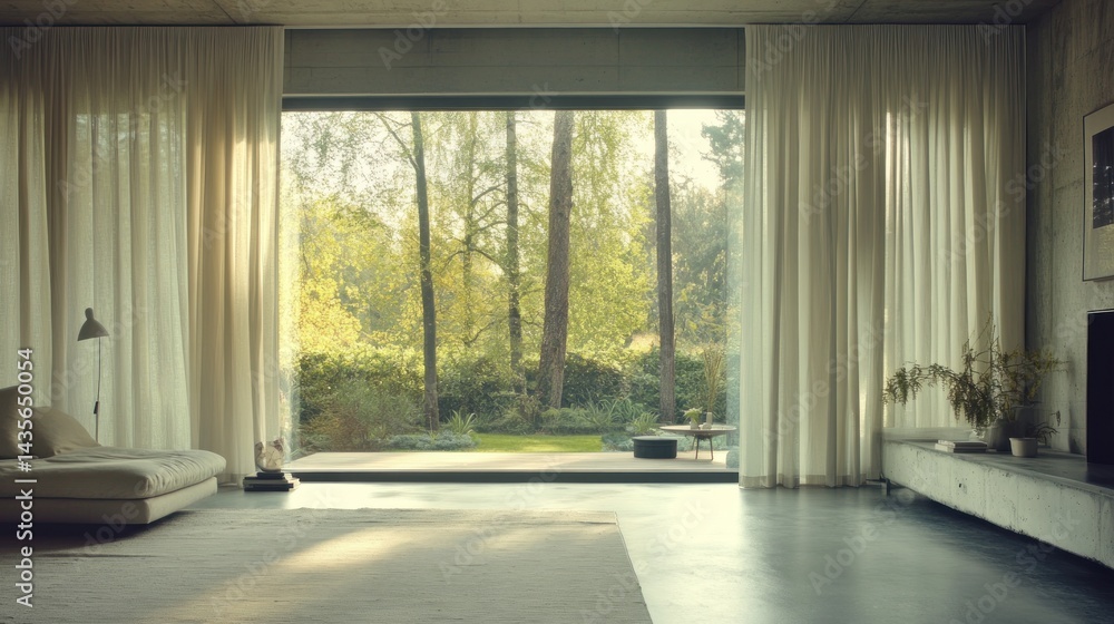 Fototapeta premium Modern home, garden view, sunrise, calm interior