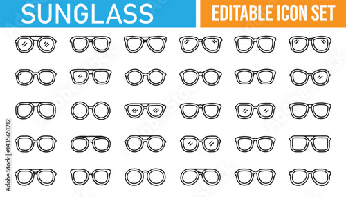 Editable sunglasses icon set in black and white, ideal for fashion designs.