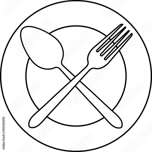 Plate with a crossed spoon and fork icon in linear style.