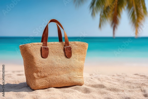 Wallpaper Mural Summer beach bag standing alone on white sand under clear skies and palm leaf shadow symbolizing travel lifestyle and sunny escape freedom atmosphere Torontodigital.ca