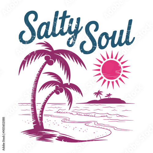 A beach-themed graphic design with "Salty Soul"
written in blue cursive text at the top