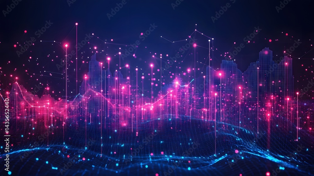 Futuristic cityscape aglow with pinks and blues, dotted with networked orbs. A blue, undulating plane suggests data or terrain. Soft lighting enhances depth. Abstract wireframe in dark blue. Futuristic cityscape aglow with pinks and blues, dotted with networked orbs. A blue, undulating plane suggests data or terrain. Soft lighting enhances depth. Abstract wireframe in dark blue.