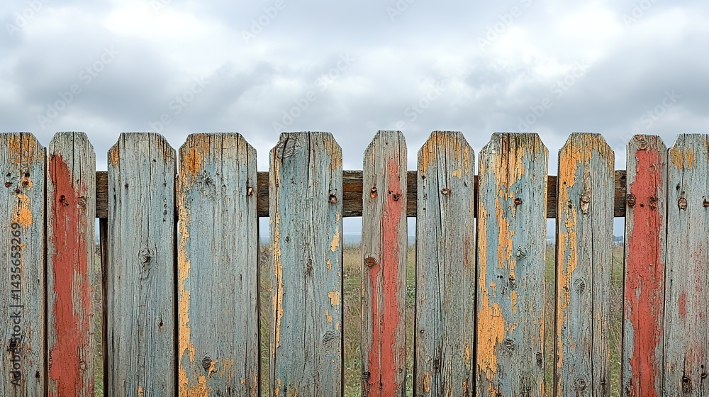 Fototapeta premium Weathered wooden fence under a cloudy sky