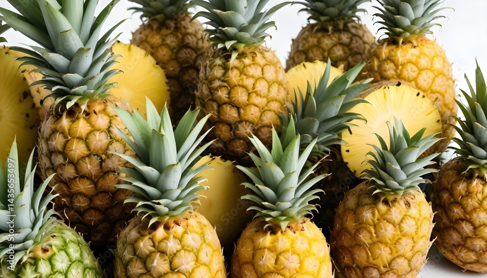 A bright assortment of fresh pineapples with sliced pieces and a light background. A bright assortment of fresh pineapples with sliced pieces and a light background.