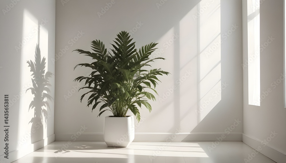 A vibrant green houseplant casts shadows in a sunlit, minimalist white room. A vibrant green houseplant casts shadows in a sunlit, minimalist white room.