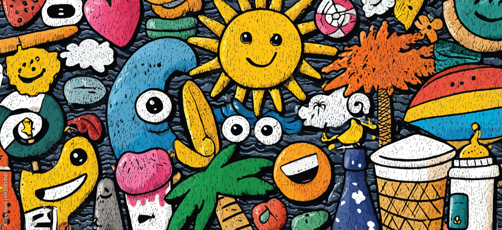 Fototapeta premium Seamless Hand-Drawn Summer Doodle Pattern with Suns, Palm Trees, Waves, Beach Icons, and Bright Cartoon Elements on White Background- Adobe Illustrator Artwork