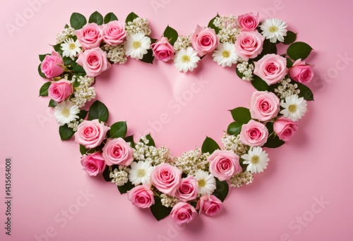 The pink roses and white daisies are arranged in a heart shape on a pink background