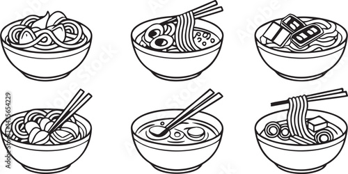 Variety of Noodle Bowls: A line art illustration showcases a collection of diverse ramen bowls, each filled with delectable noodles and toppings, presented in a minimalist style.