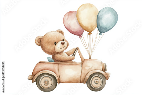 cute teddy bear is driving a vintage toy car with air balloons in it. A watercolor hand drawn poster with a white isolated background for baby showers and birthdays
