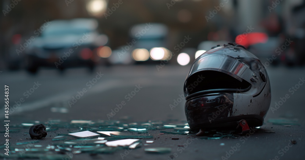 Fototapeta premium Une scène d'accident de la route avec un casque de motard et des débris de verre sur le sol, arrière-plan de voitures floues avec effet bokeh, concept de sensibilisation sur la sécurité routière.