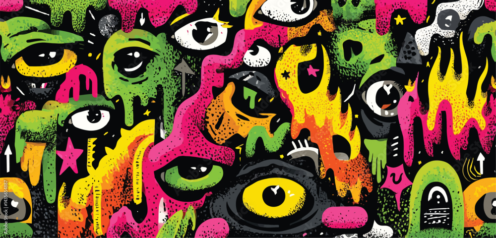 Obraz premium Seamless Y2K Punk Doodle Pattern with Neon Pink Lips, Green Crosses, Barcodes, and Lightning Bolts on White Background- Adobe Illustrator Artwork
