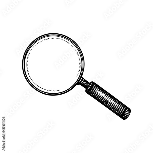 Magnifying Glass Hand-Drawn Engraving Style Black and White Illustration
