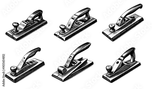Vintage Wood Planes Illustration in Black and White Engraved Style, Woodworking Tools