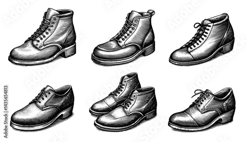 Men’s Shoes in Woodblock Style Black and White Illustration Vintage Footwear Designs