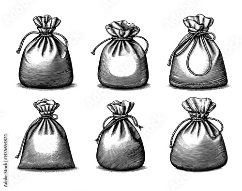 Fabric Bags Line Engraving Black and White Rustic Vintage Illustrations