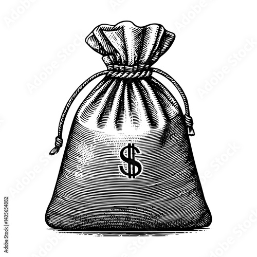 Cash Bag Engraving Style Black and White Vintage Illustration