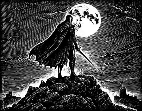 Medieval Knight Silhouette Moody Standing Beneath Full Moon Against Dramatic Castle Background, Black and White Illustrations