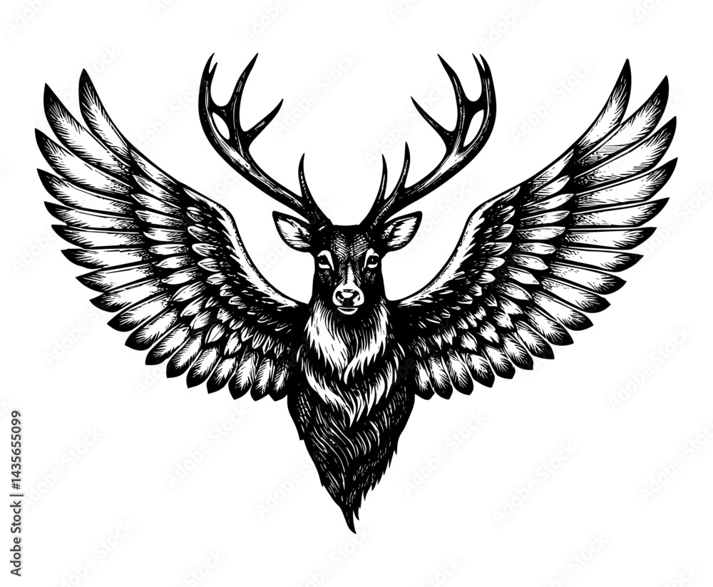 Obraz premium Peryton, a mythical winged deer with sharp antlers in vintage woodblock style black and white illustration
