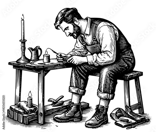 Artisan Craftsman Focused Skillfully Working by Candlelight in Vintage Woodblock Style Black and White Illustration