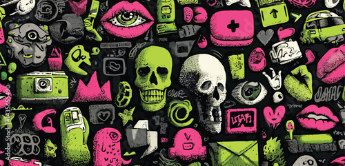 Pop punk doodle mash-up pattern — edgy symbols like skulls, tags, mail icons, lips, and eyes, marker sketch effect, neon pink and green colors, vector repeat Adobe Illustrator Artwork