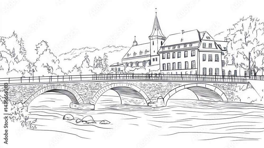 Sketchy Castle Bridge Over River Sketchy Castle Bridge Over River