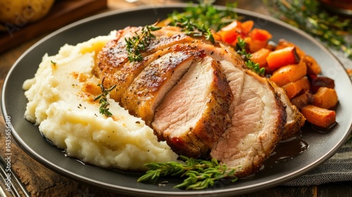 Sliced roasted pork loin with mashed potatoes, roasted sweet potatoes, and thyme.