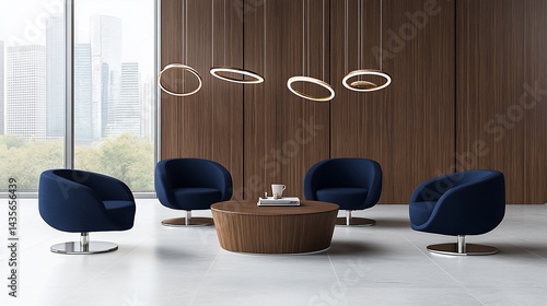 Wallpaper Mural Modern waiting area with city view, dark wood accents, and navy blue chairs Torontodigital.ca