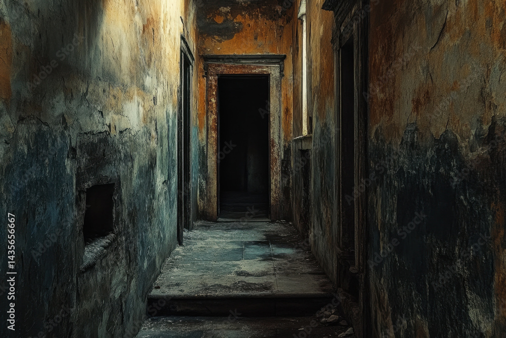 Fototapeta premium Peeling walls and floor in an old hallway, revealing layers of history and neglect.