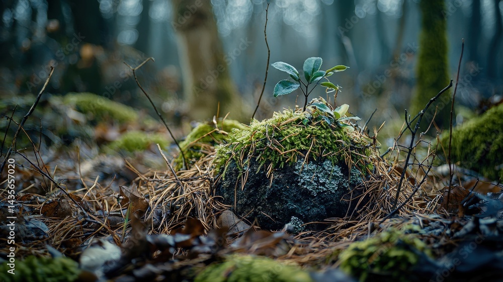 Fototapeta premium Emerging life in a serene forest nature photography mossy environment close-up perspective vitality concept