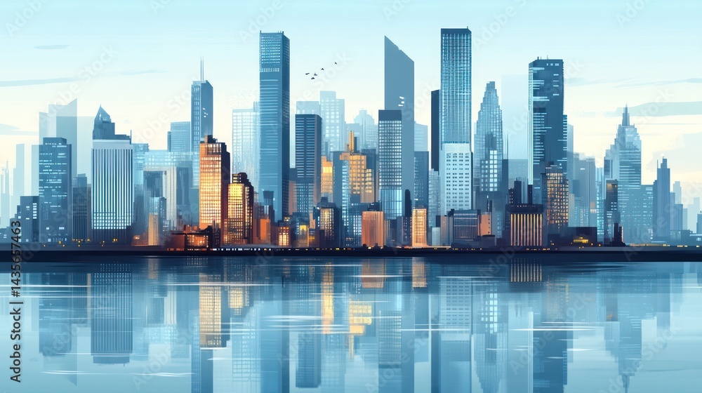 Fototapeta premium Calm morning cityscape reflected in tranquil water.